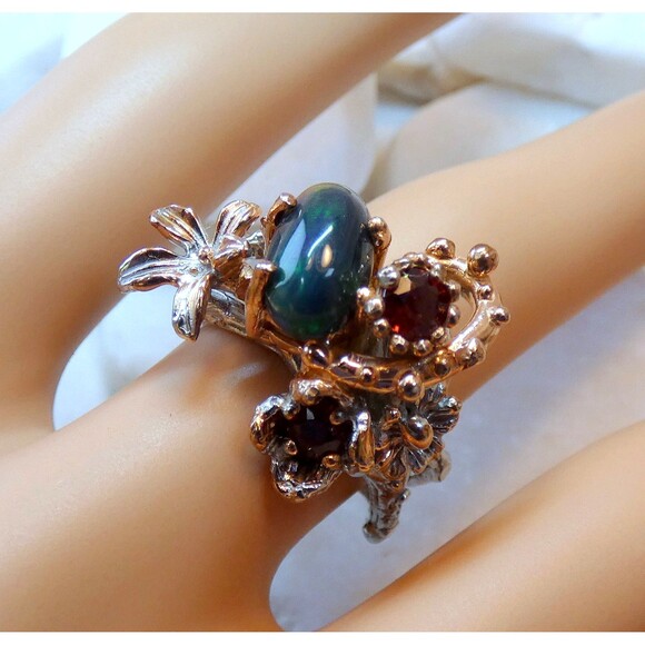 AAA 5ct Australian Black Opal-Hessonite Garnet Sterling Silver Ring Sz 8 - Picture 7 of 8